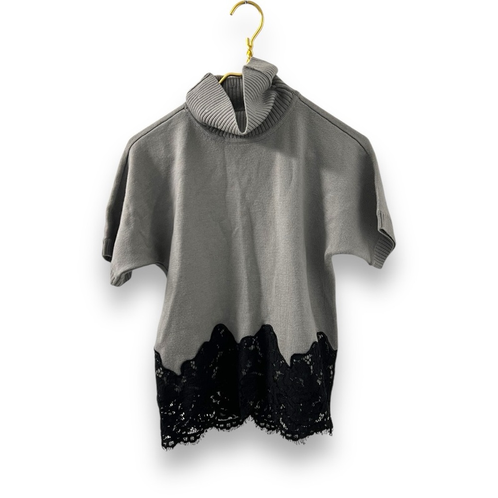 Ramy Brooke Grey Short Sleeve Turtleneck Lace Detail